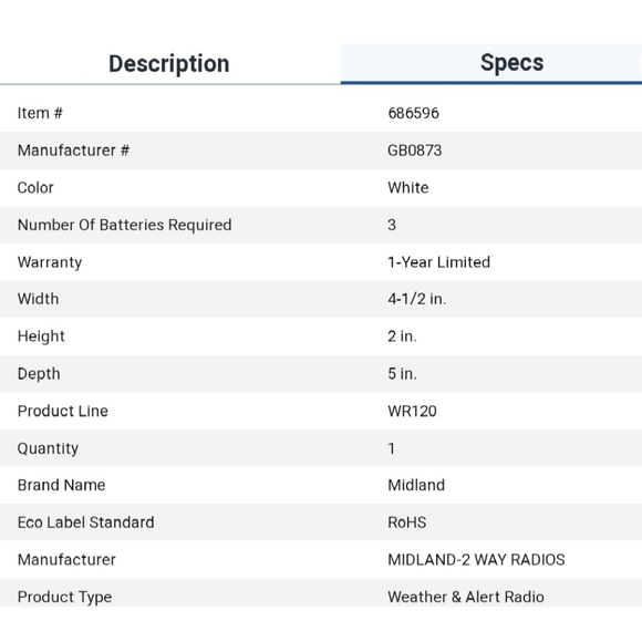 New! Midland WR120 Desktop Weather Alert Radio - Picture 3 of 3